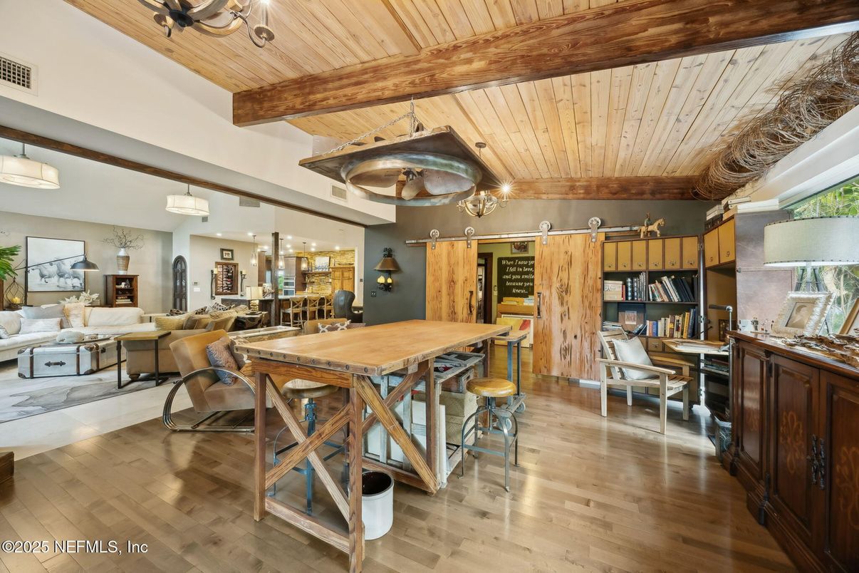 Chandelier, Dining room, Interior, Living room, Pendant Lights, Wooden Beams, Wooden Ceilings, Wood Texture Flooring