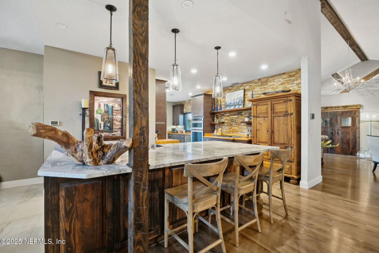 Interior, Kitchen, Pendant Lights, Recessed Lighting, Wood Texture Flooring