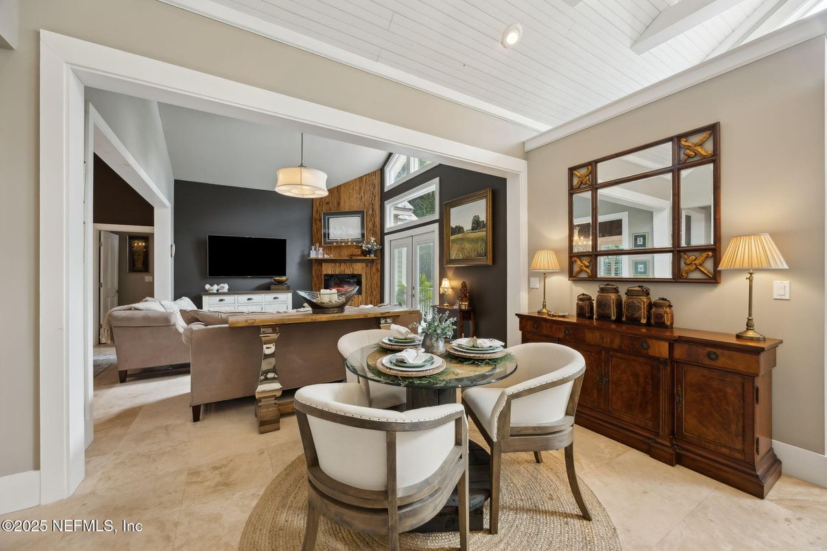 Dining room, Fireplace, Interior, Living room, Pendant Lights, Recessed Lighting