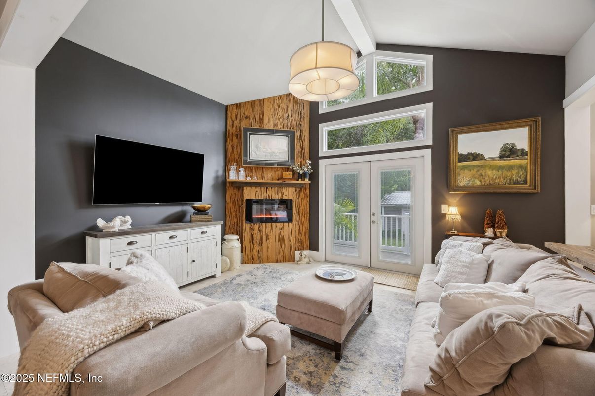 Fireplace, Interior, Living room, Pendant Lights, Wooden Walls