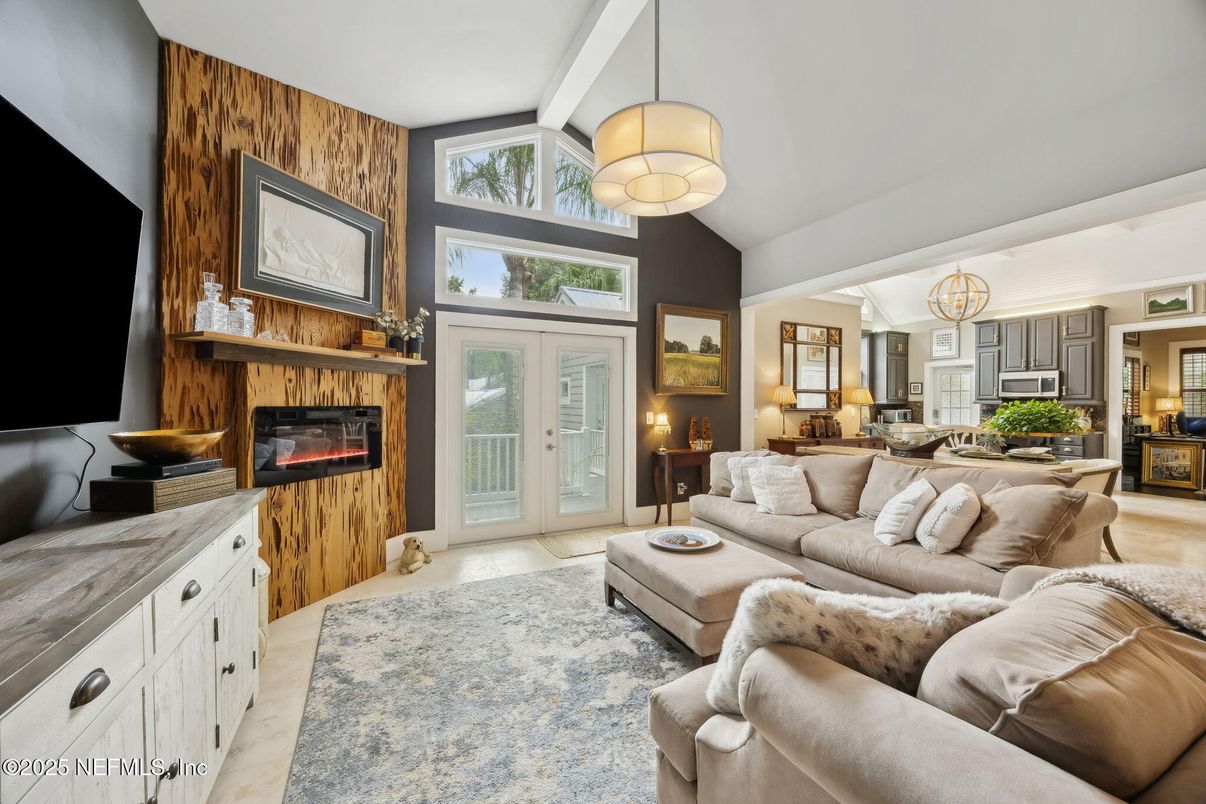 Fireplace, Interior, Living room, Pendant Lights, Wooden Walls