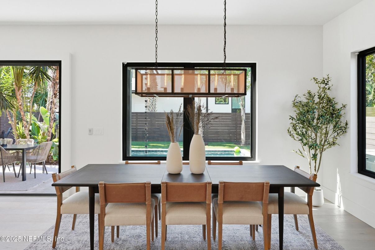 Dining room, Interior, Pendant Lights, Wood Texture Flooring