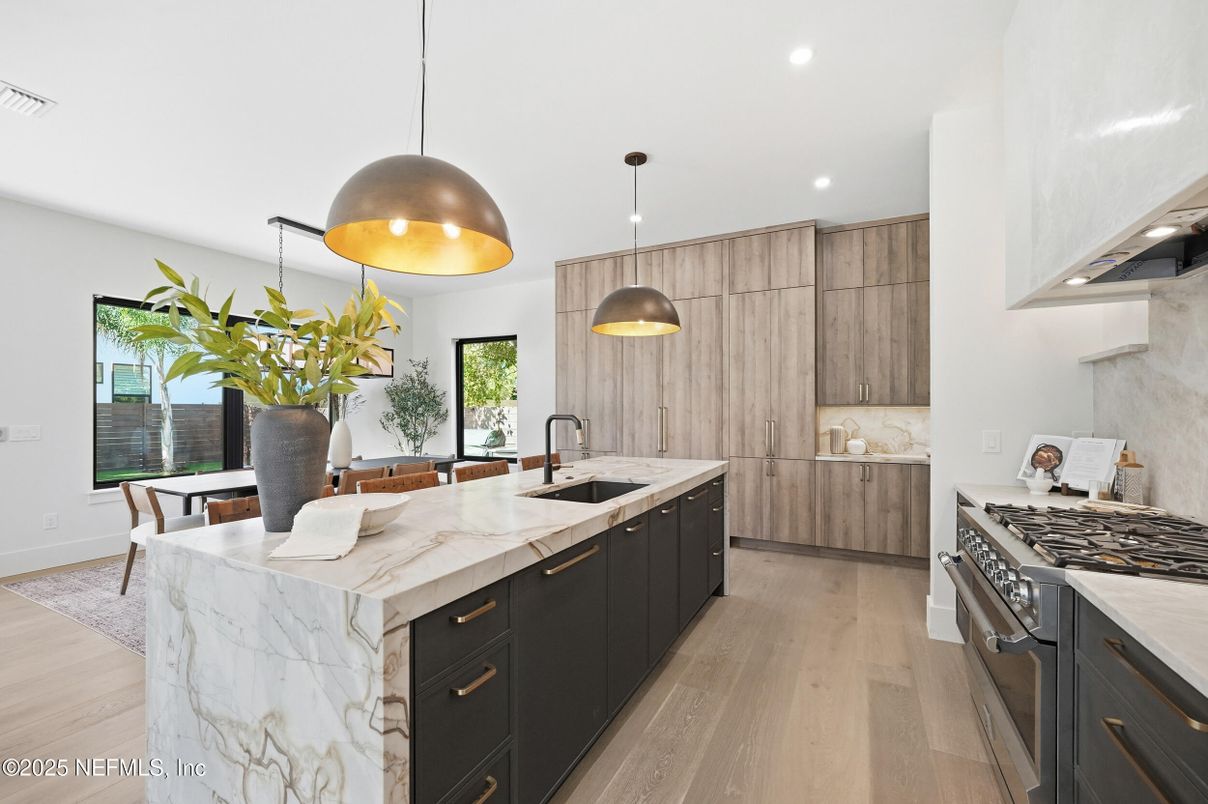 Interior, Kitchen, Pendant Lights, Recessed Lighting, Stainless Steel Appliances, Wood Texture Flooring