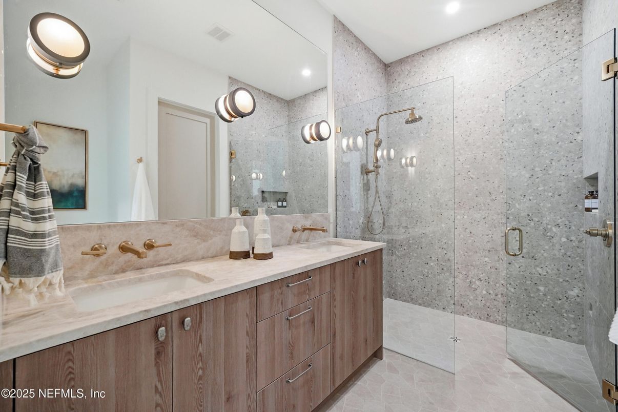 Bathroom, Dual Sink Vanities, Glass Shower, Interior, Recessed Lighting