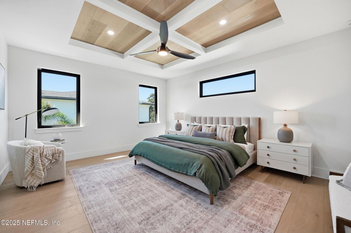 Bedroom, Interior, Recessed Lighting, Wooden Ceilings, Wood Texture Flooring