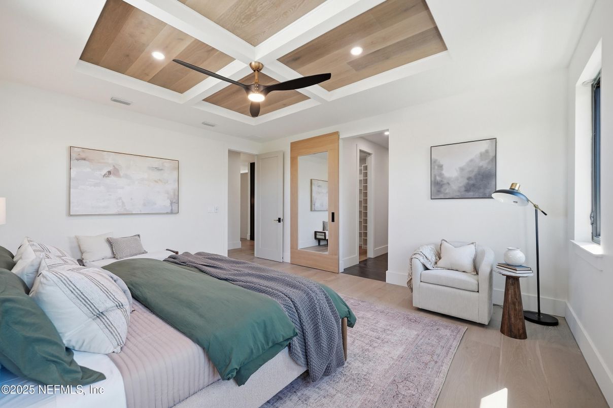 Bedroom, Interior, Recessed Lighting, Wood Texture Flooring