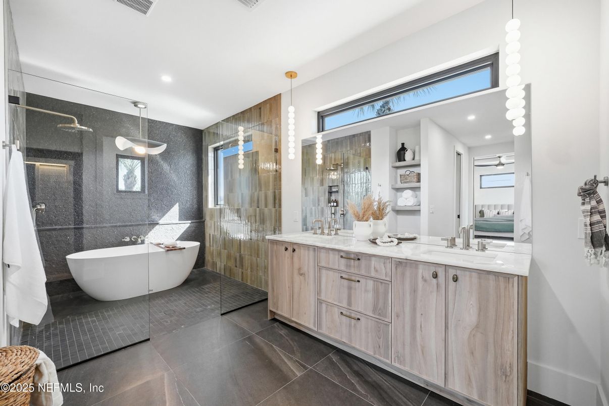 Bathroom, Dual Sink Vanities, Free Standing Baths, Glass Shower, Interior, Pendant Lights, Recessed Lighting