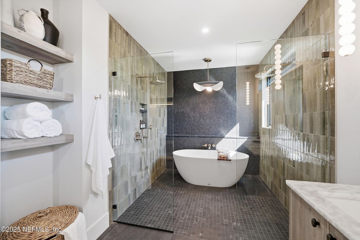 Bathroom, Free Standing Baths, Glass Shower, Interior, Pendant Lights, Recessed Lighting