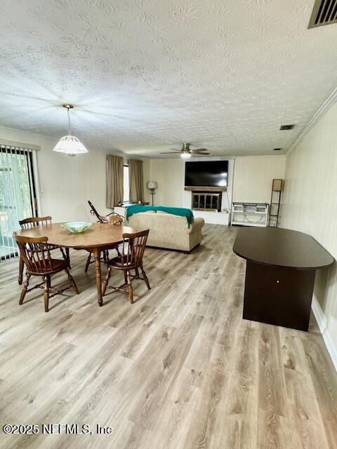 Dining room, Interior, Living room, Pendant Lights, Wood Texture Flooring