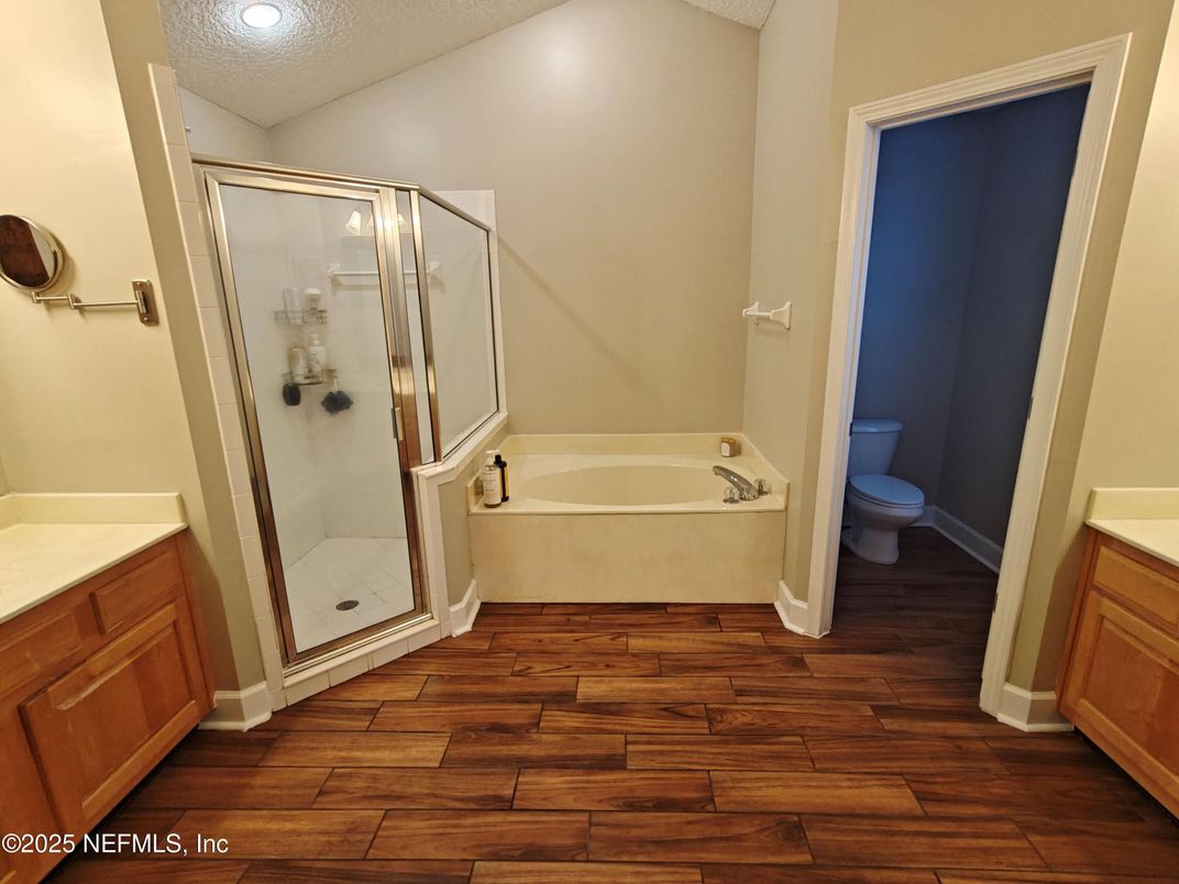 Bathroom, Glass Shower, Interior, Recessed Lighting, Wood Texture Flooring