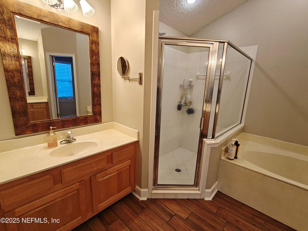Bathroom, Glass Shower, Interior, Wood Texture Flooring