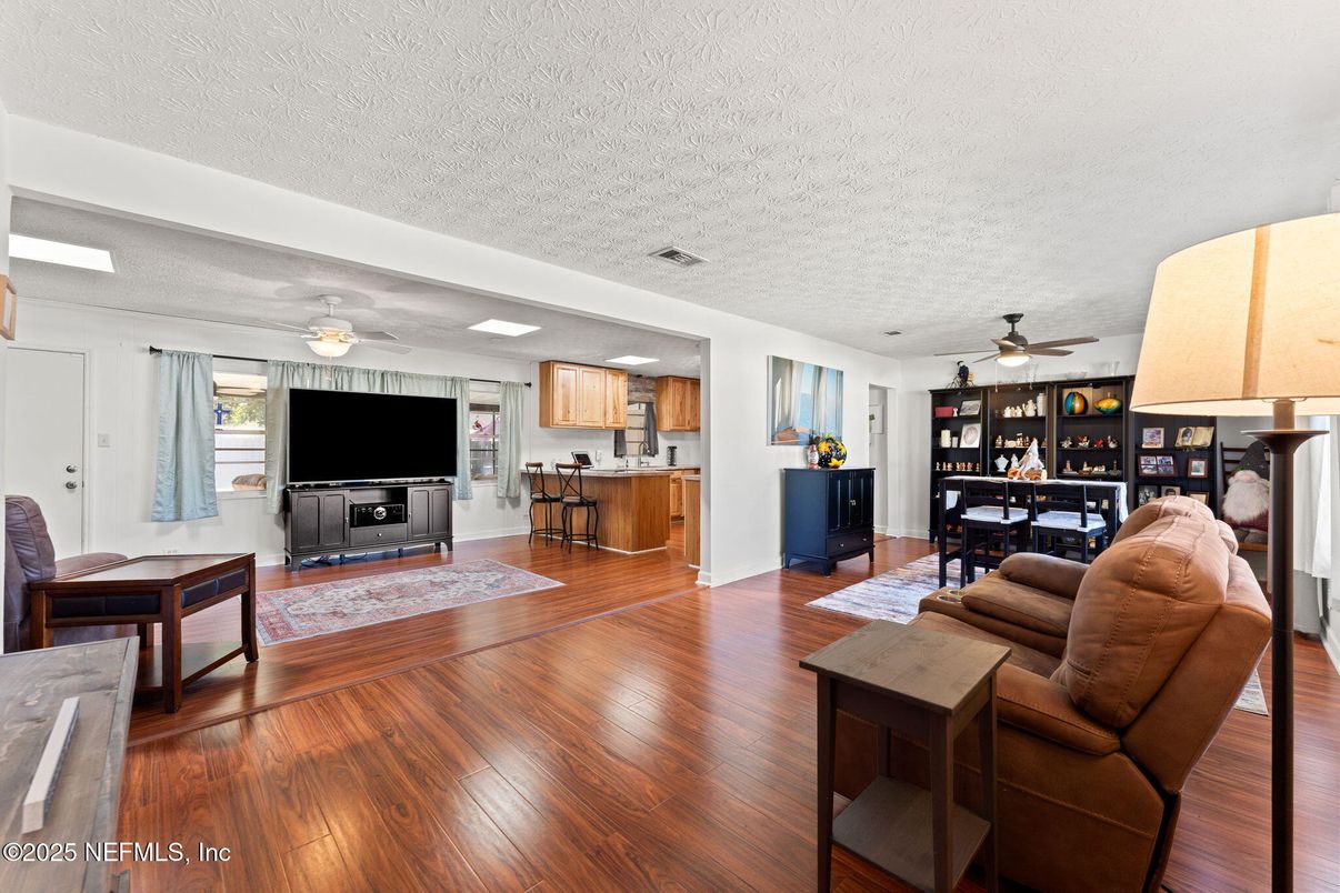 Dining room, Interior, Kitchen, Living room, Recessed Lighting, Wood Texture Flooring