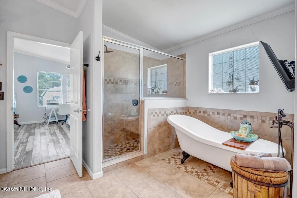 Bathroom, Free Standing Baths, Glass Shower, Interior, Wood Texture Flooring