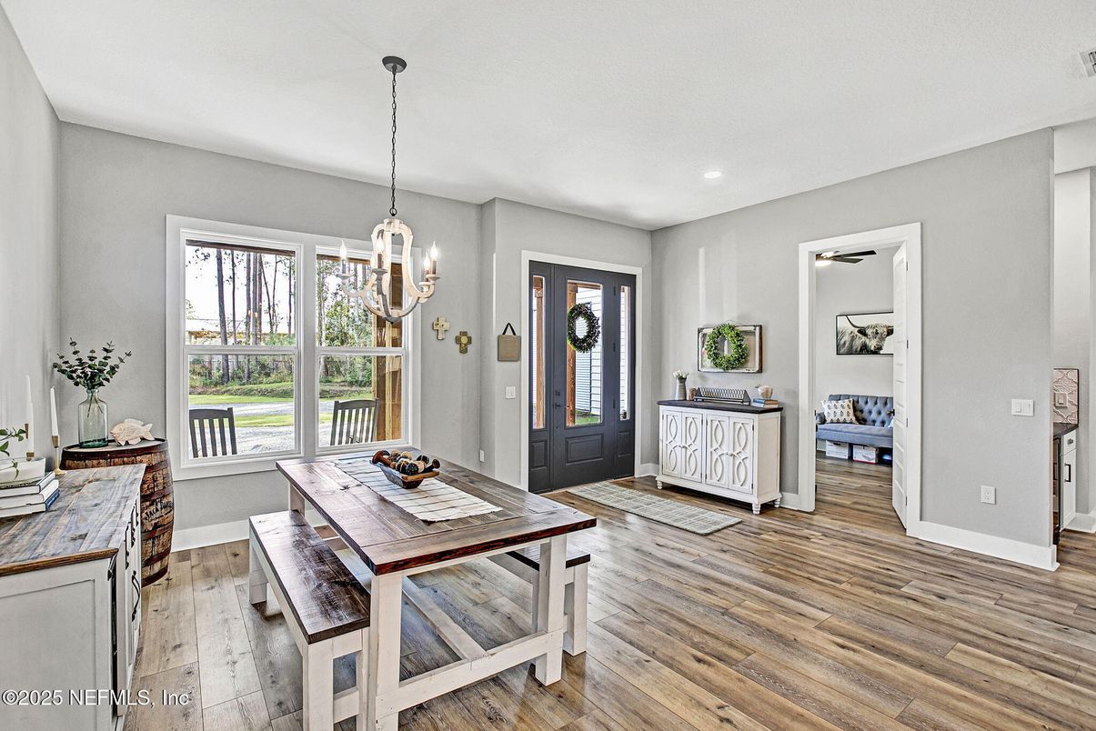 Dining room, Interior, Pendant Lights, Recessed Lighting, Wood Texture Flooring