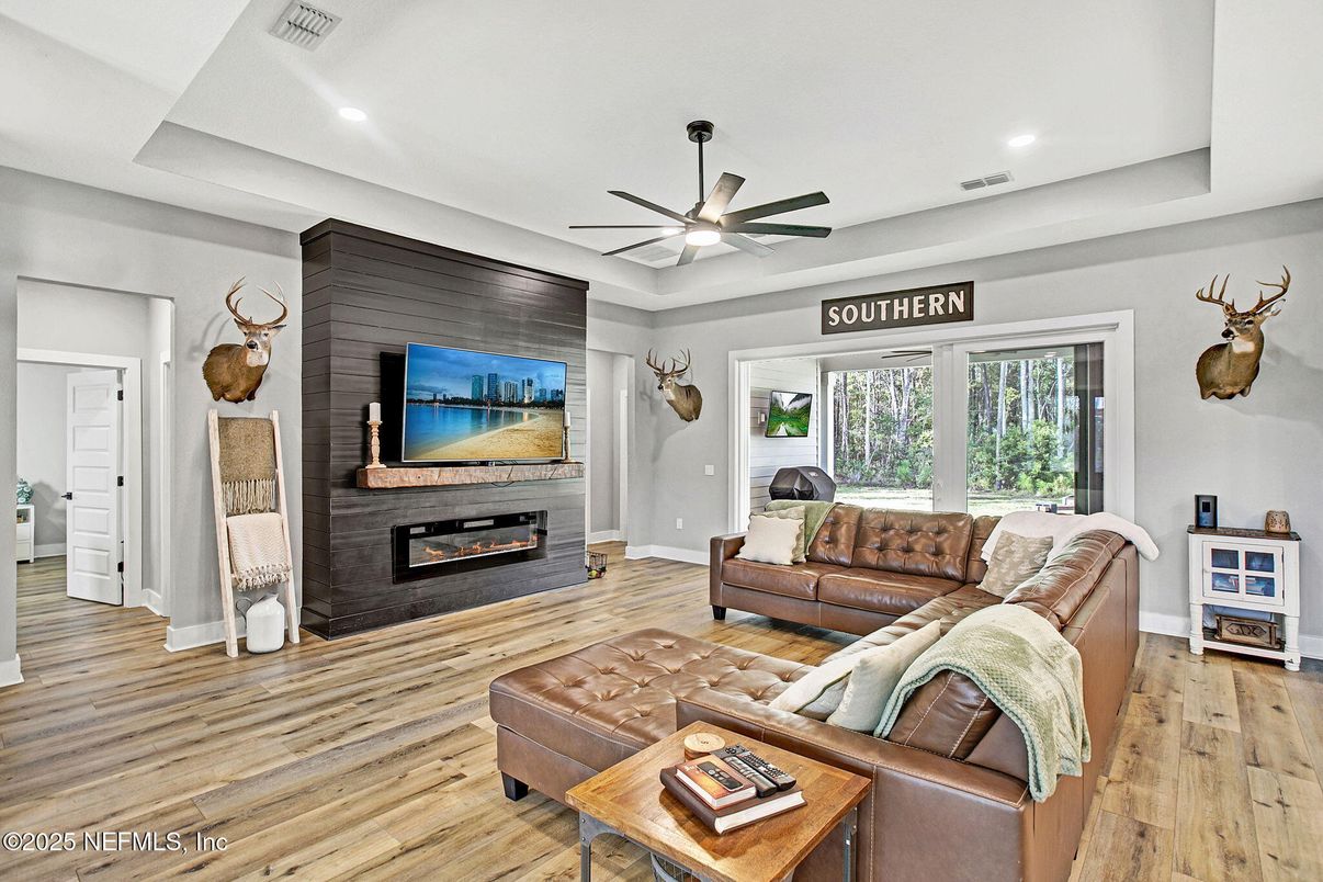 Fireplace, Interior, Living room, Recessed Lighting, Wood Texture Flooring