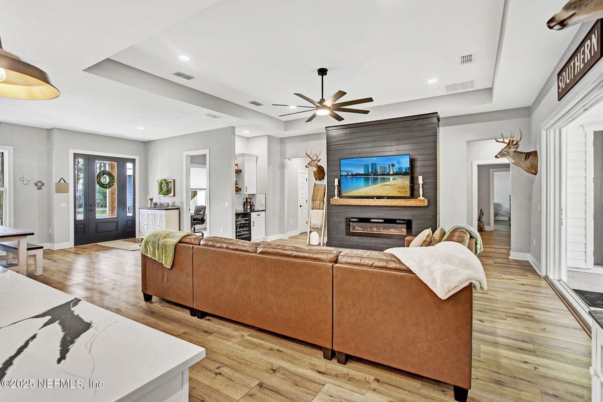 Fireplace, Interior, Living room, Recessed Lighting, Wood Texture Flooring