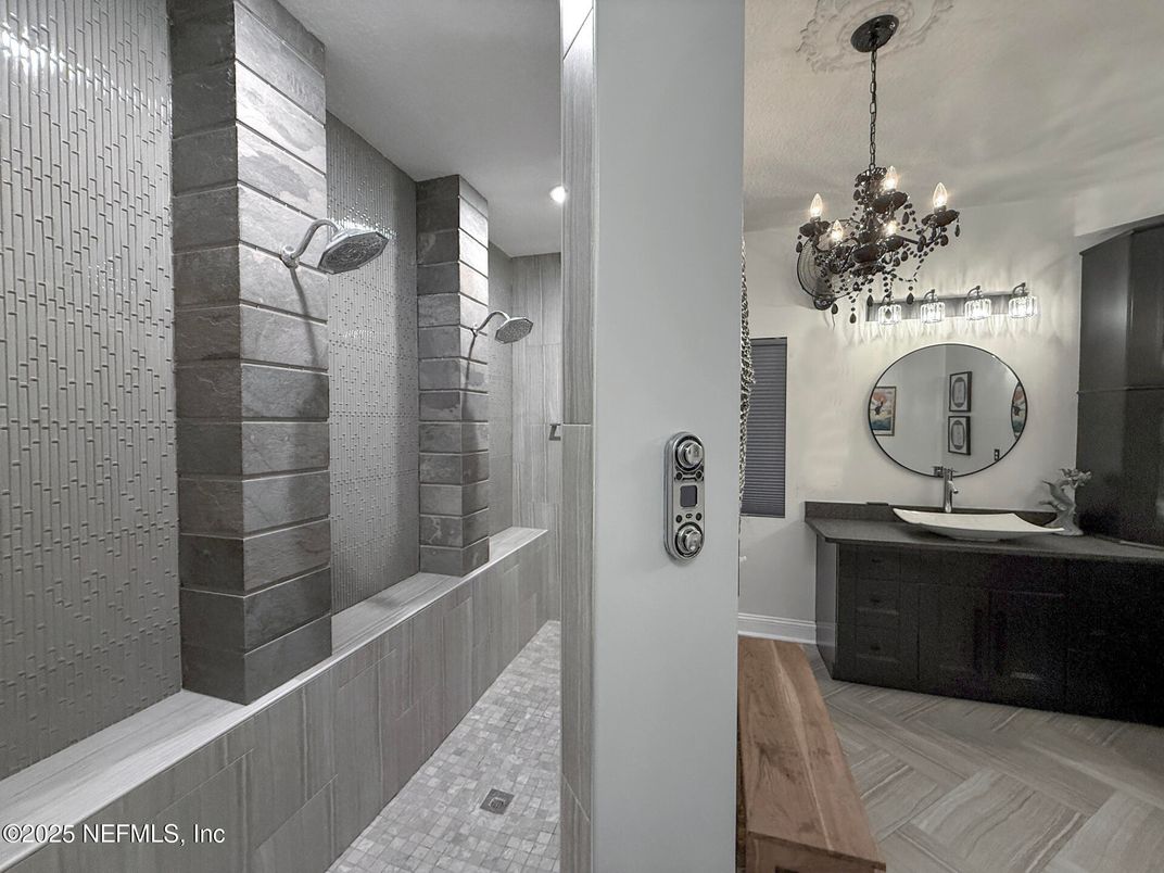 Bathroom, Chandelier, Interior, Wood Texture Flooring