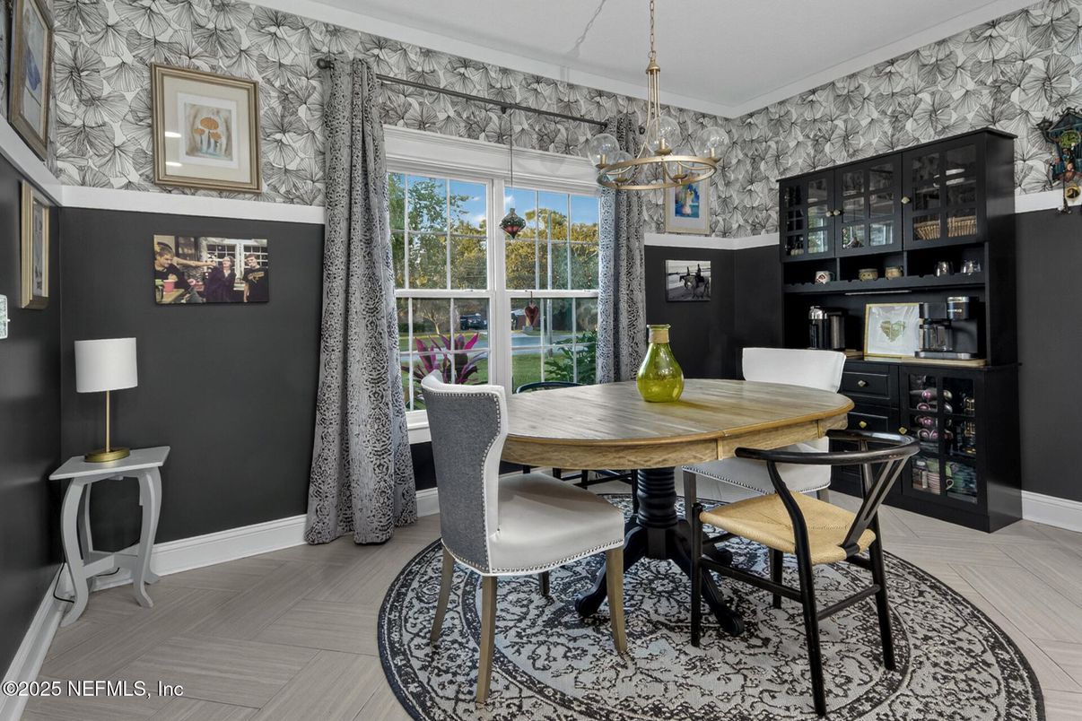 Dining room, Interior, Pendant Lights, Wood Texture Flooring