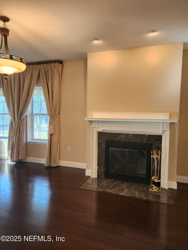 Fireplace, Interior, Recessed Lighting, Wood Texture Flooring