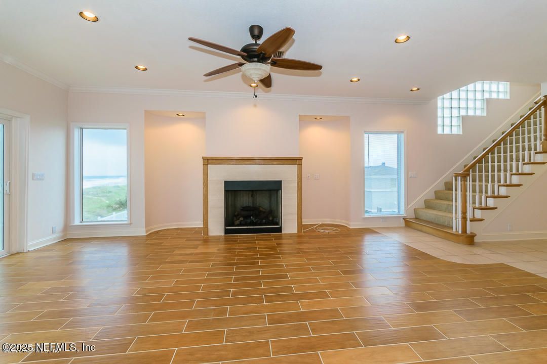 Empty room, Fireplace, Interior, Recessed Lighting, Wood Texture Flooring