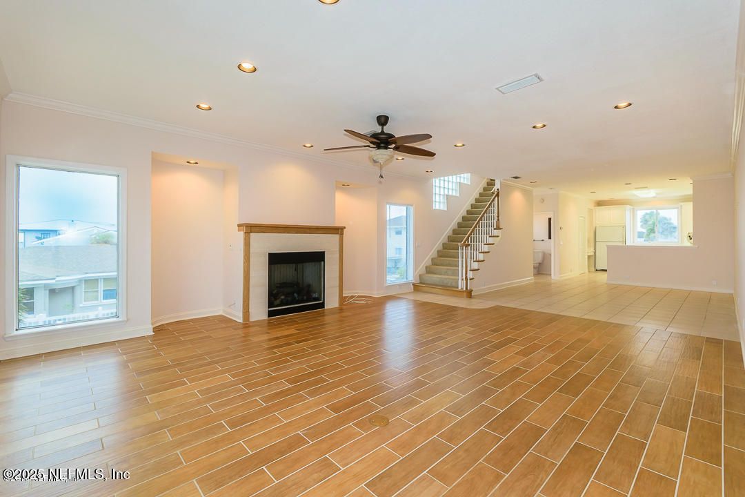 Empty room, Fireplace, Interior, Recessed Lighting, Wood Texture Flooring