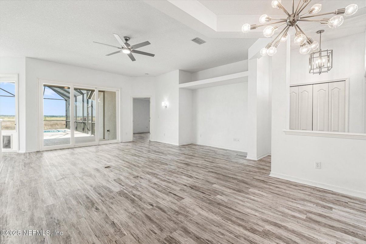 Empty room, Interior, Pendant Lights, Wood Texture Flooring