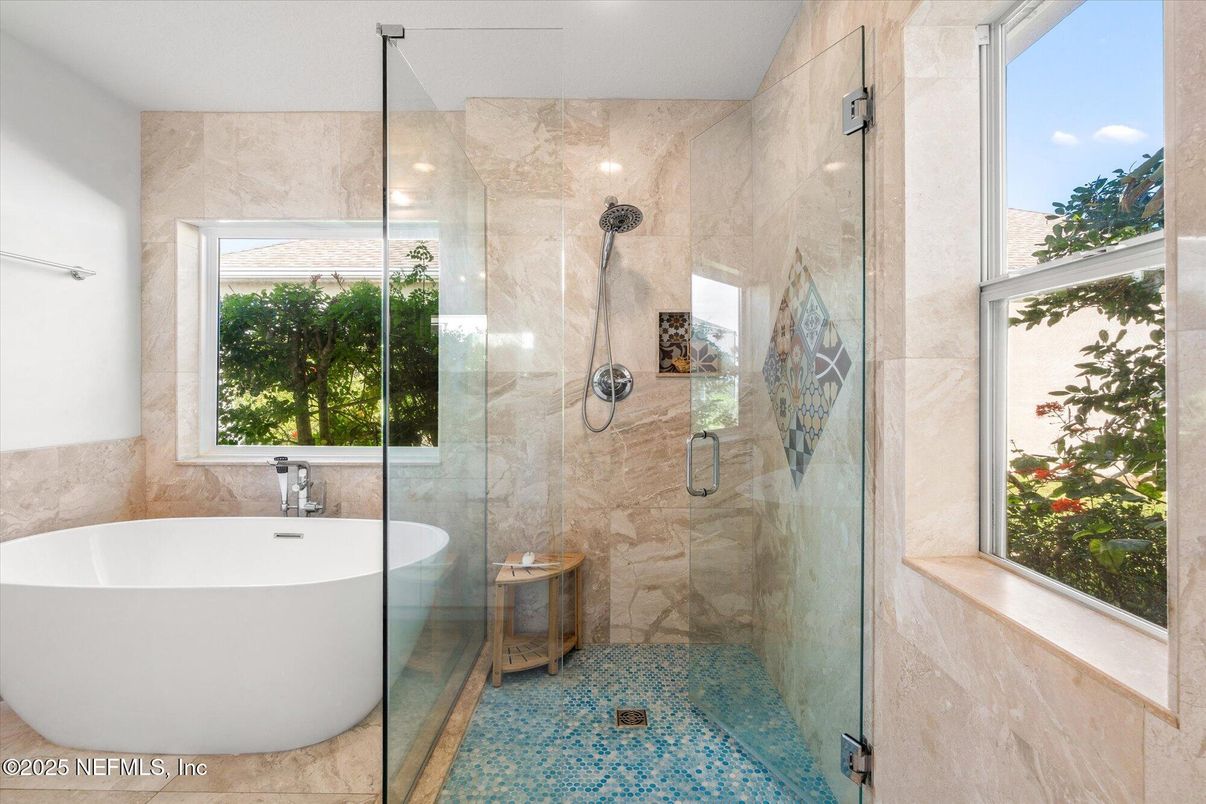 Bathroom, Free Standing Baths, Glass Shower, Interior, Marble Walls