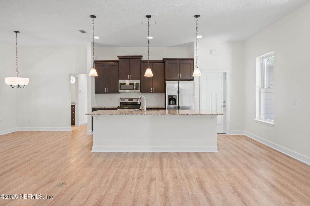 Empty room, Interior, Kitchen, Pendant Lights, Recessed Lighting, Stainless Steel Appliances, Wood Texture Flooring