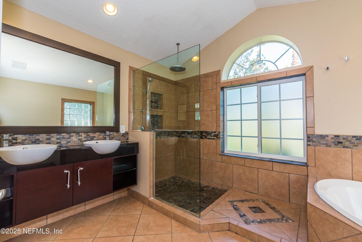 Bathroom, Dual Sink Vanities, Glass Shower, Interior, Recessed Lighting