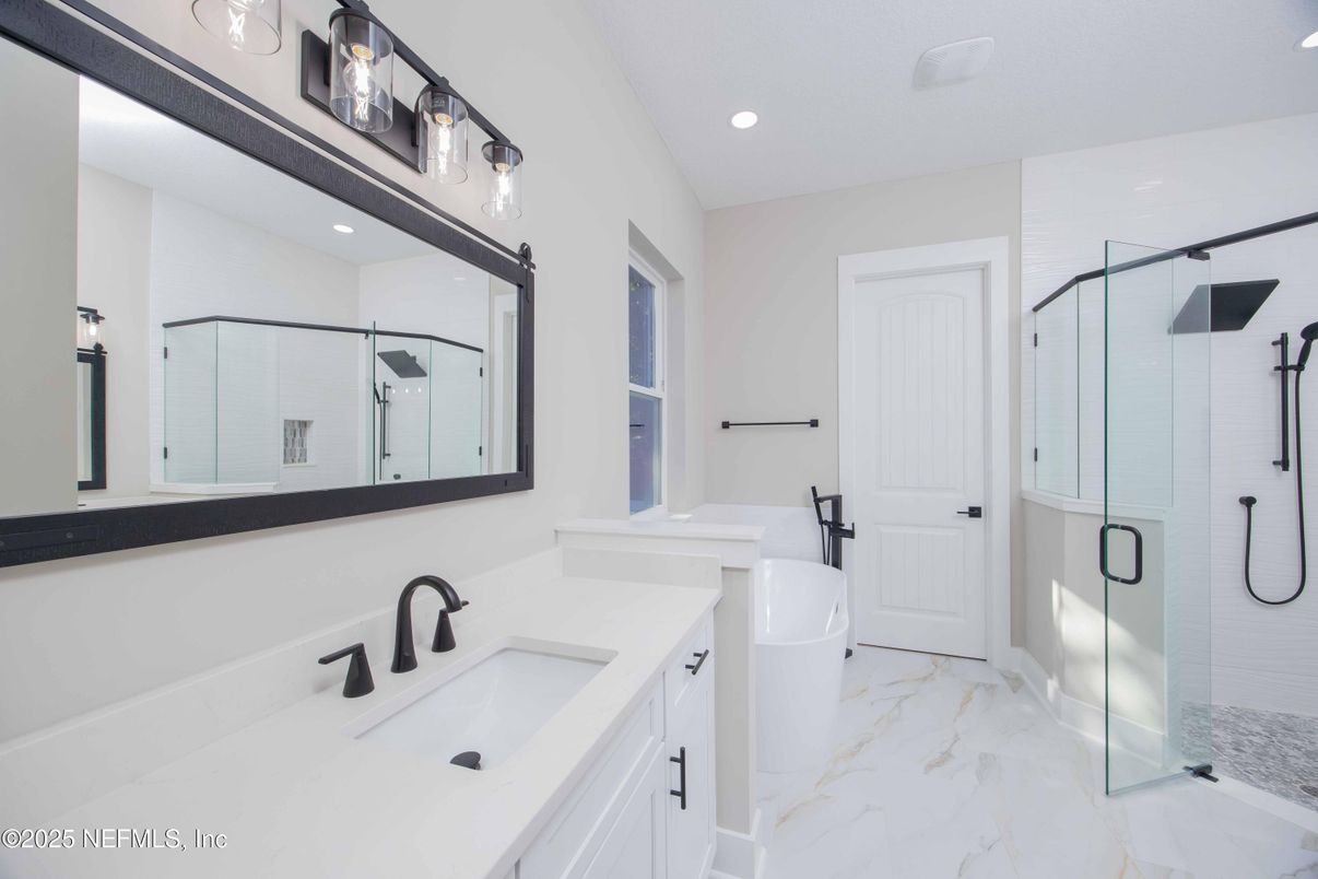 Bathroom, Dual Sink Vanities, Glass Shower, Interior, Marble, Recessed Lighting