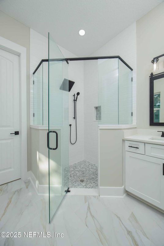 Bathroom, Glass Shower, Interior, Marble, Recessed Lighting