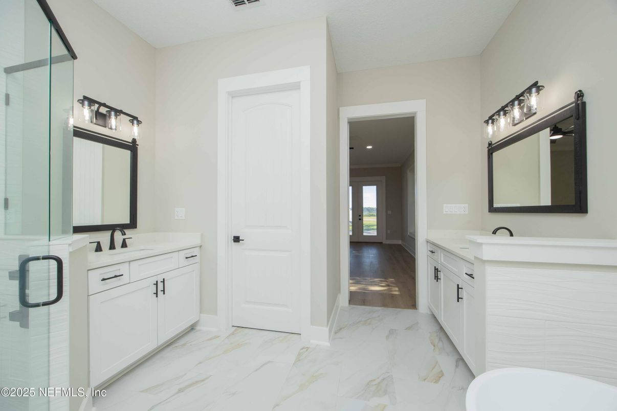 Bathroom, Dual Sink Vanities, Glass Shower, Interior, Marble, Recessed Lighting