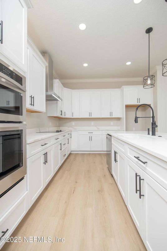 Interior, Kitchen, Pendant Lights, Recessed Lighting, Stainless Steel Appliances, Wood Texture Flooring