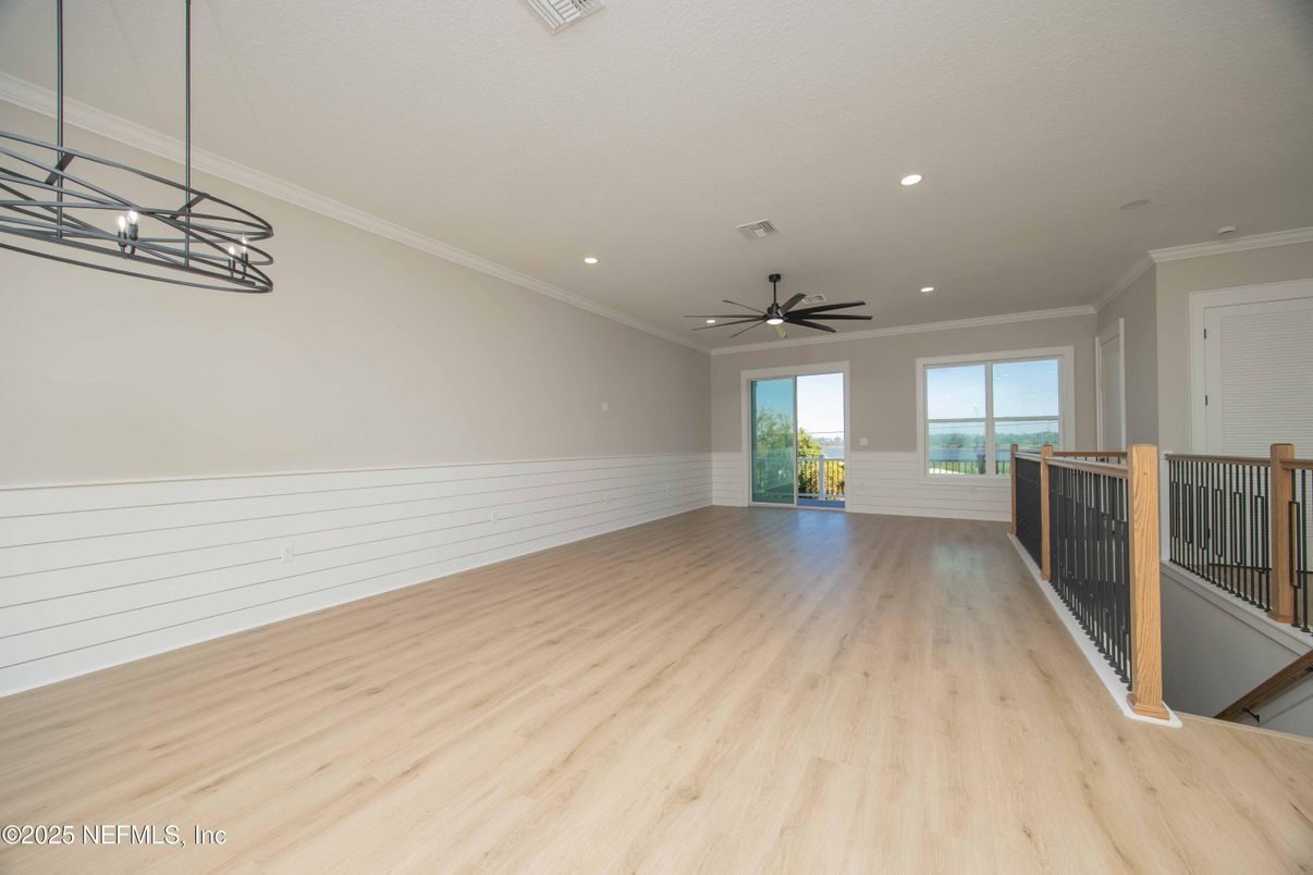 Empty room, Interior, Pendant Lights, Recessed Lighting, Wood Texture Flooring