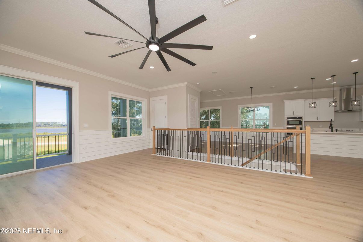 Empty room, Interior, Kitchen, Pendant Lights, Recessed Lighting, Water, Wood Texture Flooring
