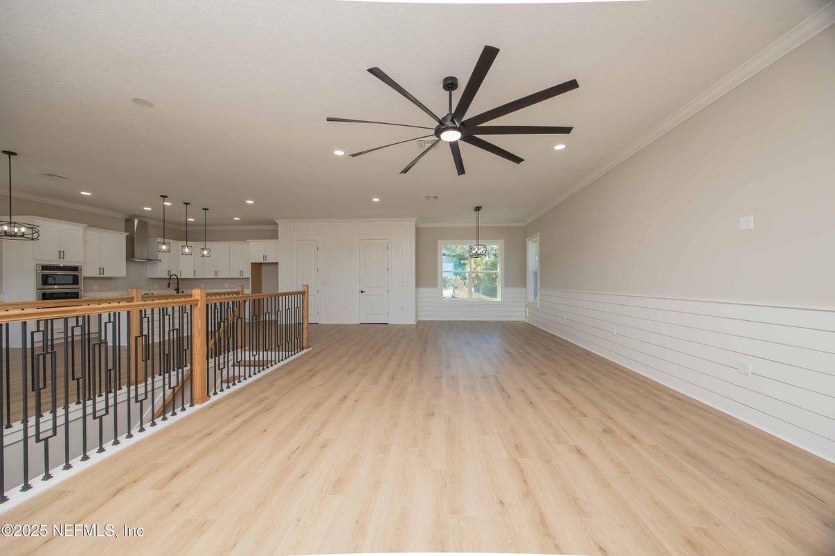 Empty room, Interior, Kitchen, Pendant Lights, Recessed Lighting, Wood Texture Flooring