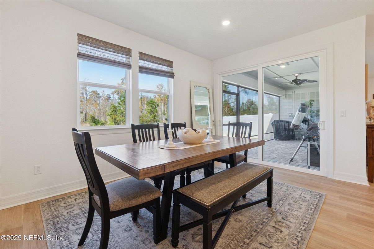 Dining room, Interior, Recessed Lighting, Wood Texture Flooring