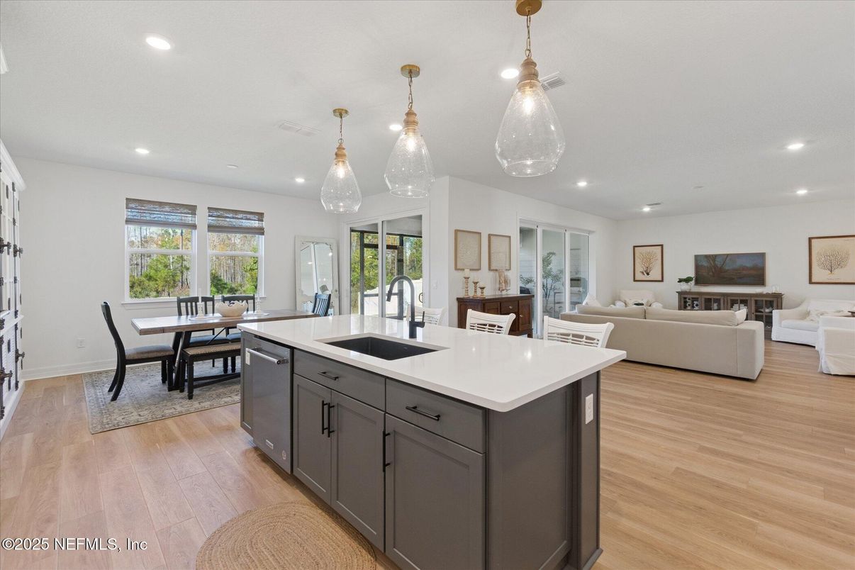 Dining room, Interior, Kitchen, Living room, Pendant Lights, Recessed Lighting, Wood Texture Flooring
