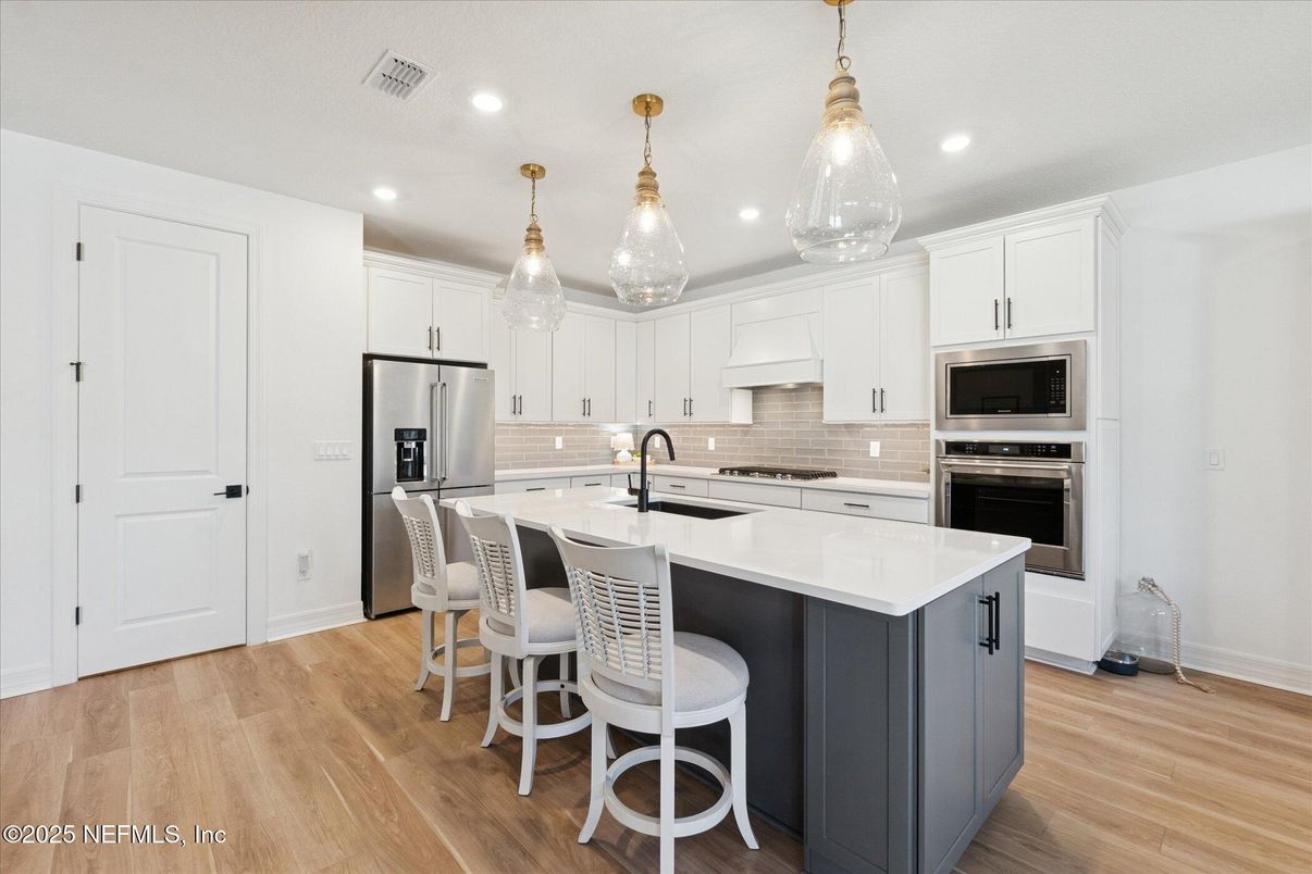 Interior, Kitchen, Pendant Lights, Recessed Lighting, Stainless Steel Appliances, Wood Texture Flooring