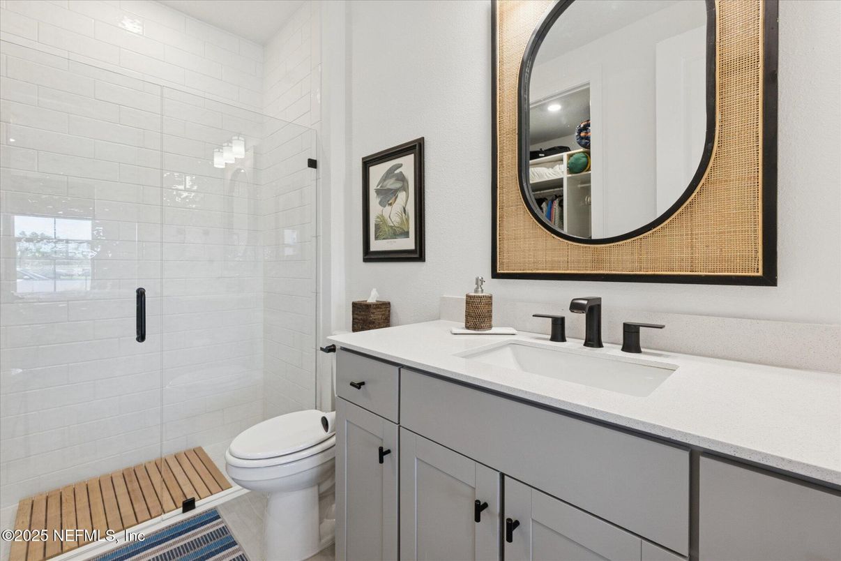 Bathroom, Glass Shower, Interior, Wood Texture Flooring