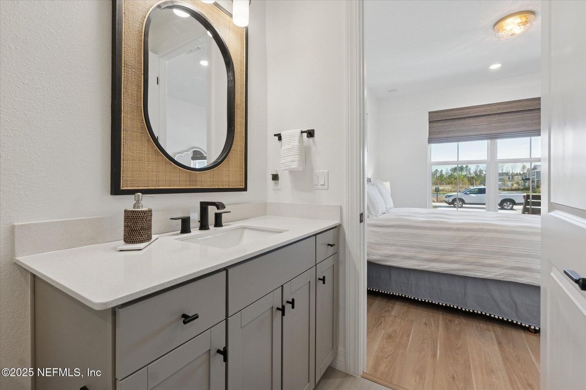 Bathroom, Bedroom, Dual Sink Vanities, Interior, Recessed Lighting, Wood Texture Flooring