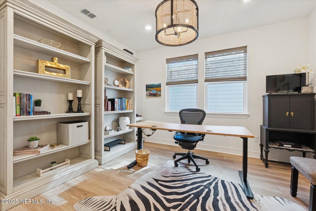 Home Office, Interior, Pendant Lights, Recessed Lighting, Wood Texture Flooring