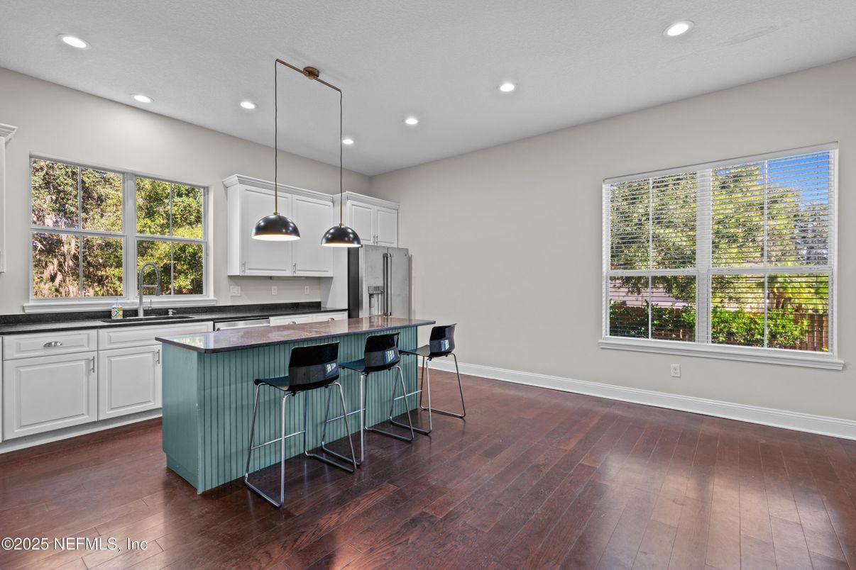 Interior, Kitchen, Pendant Lights, Recessed Lighting, Wood Texture Flooring
