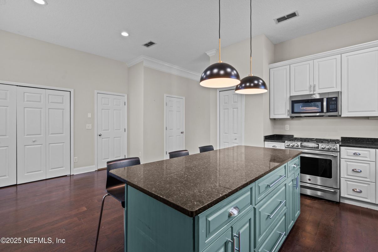 Interior, Kitchen, Pendant Lights, Recessed Lighting, Stainless Steel Appliances, Wood Texture Flooring