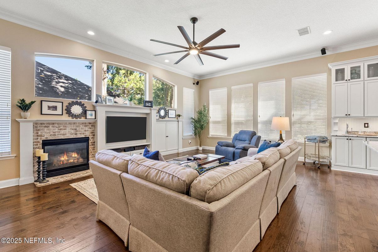 Fireplace, Interior, Living room, Recessed Lighting, Wood Texture Flooring