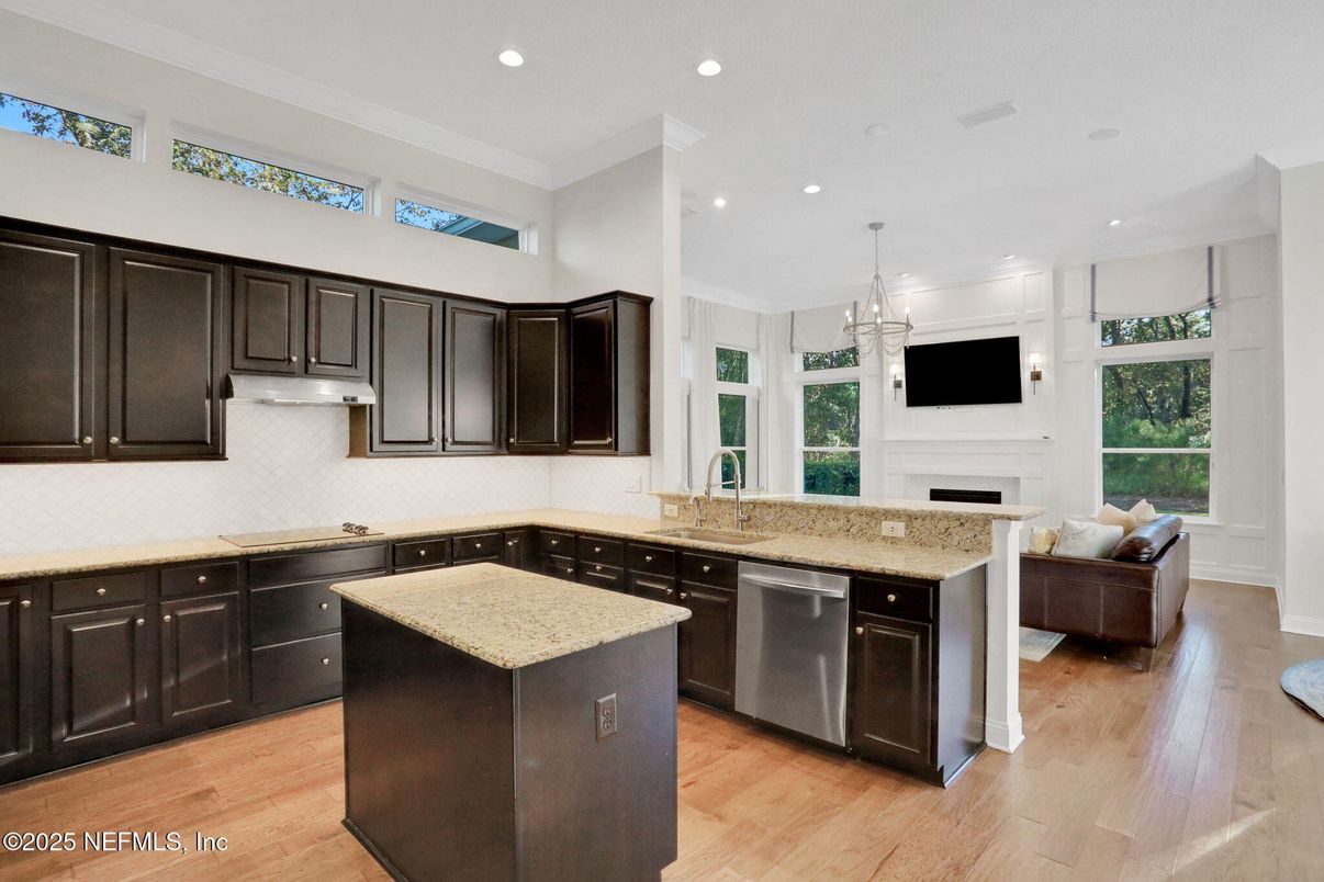 Chandelier, Interior, Kitchen, Pendant Lights, Recessed Lighting, Wood Texture Flooring