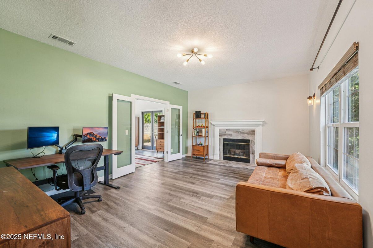 Fireplace, Home Office, Interior, Wood Texture Flooring
