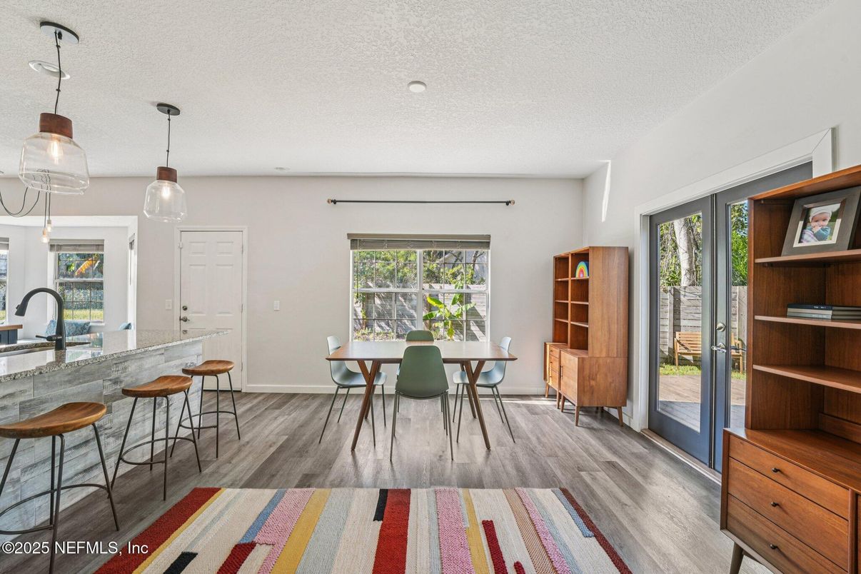 Dining room, Interior, Pendant Lights, Wood Texture Flooring