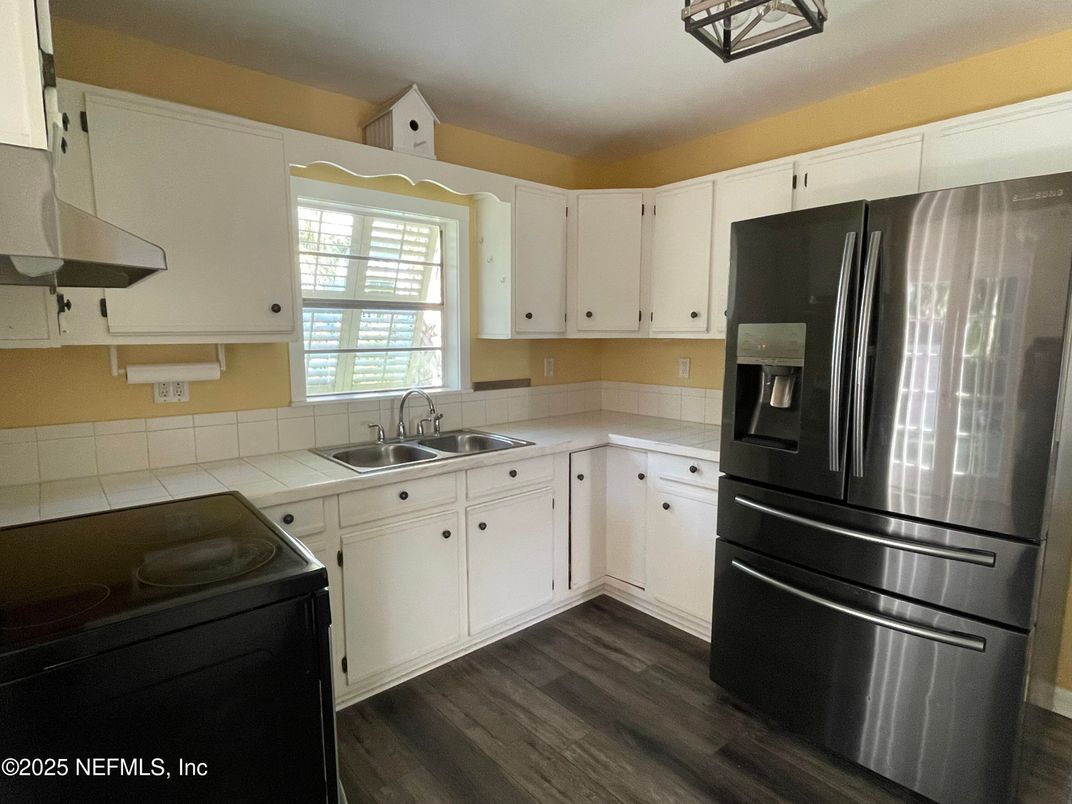 Interior, Kitchen, Tile Countertops, Wood Texture Flooring