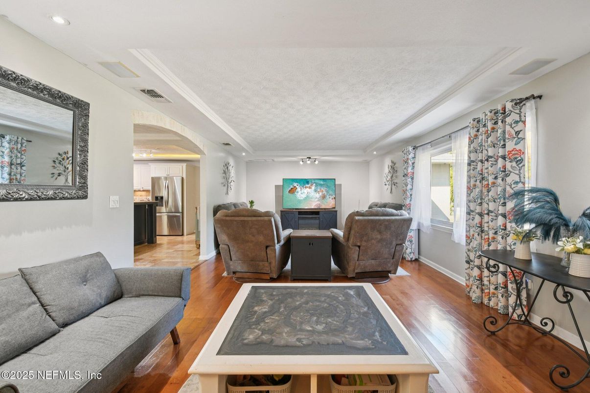 Interior, Living room, Recessed Lighting, Stainless Steel Appliances, Wood Texture Flooring